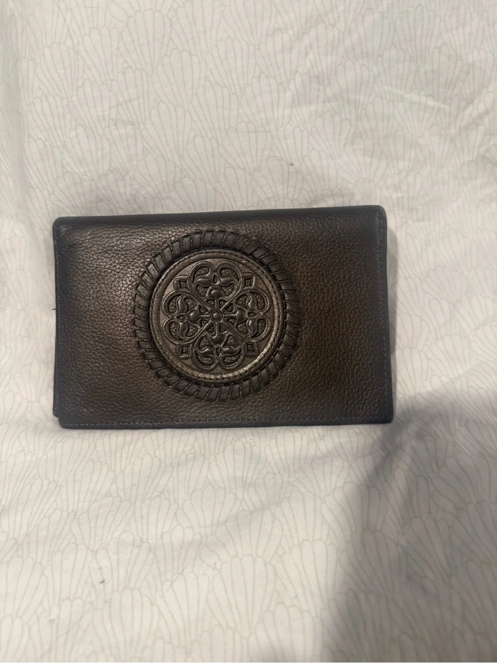 Pewter Brighton Leather Bifold Wallet with Embossed Medallion & silver accents